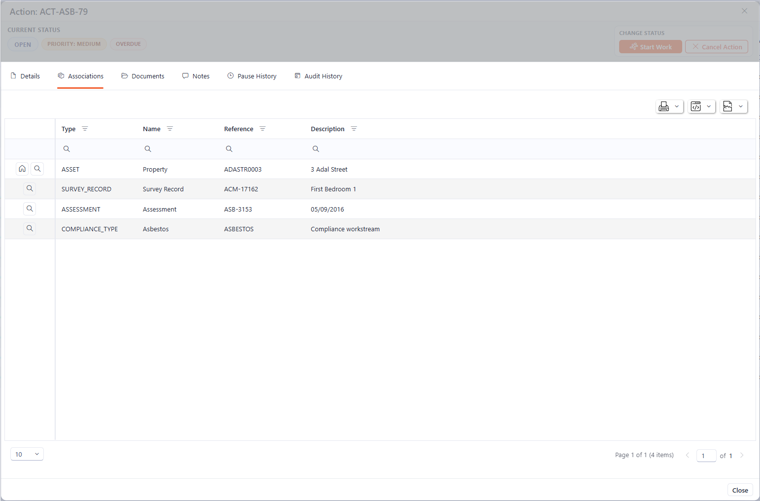 Associations tab of the Action screen