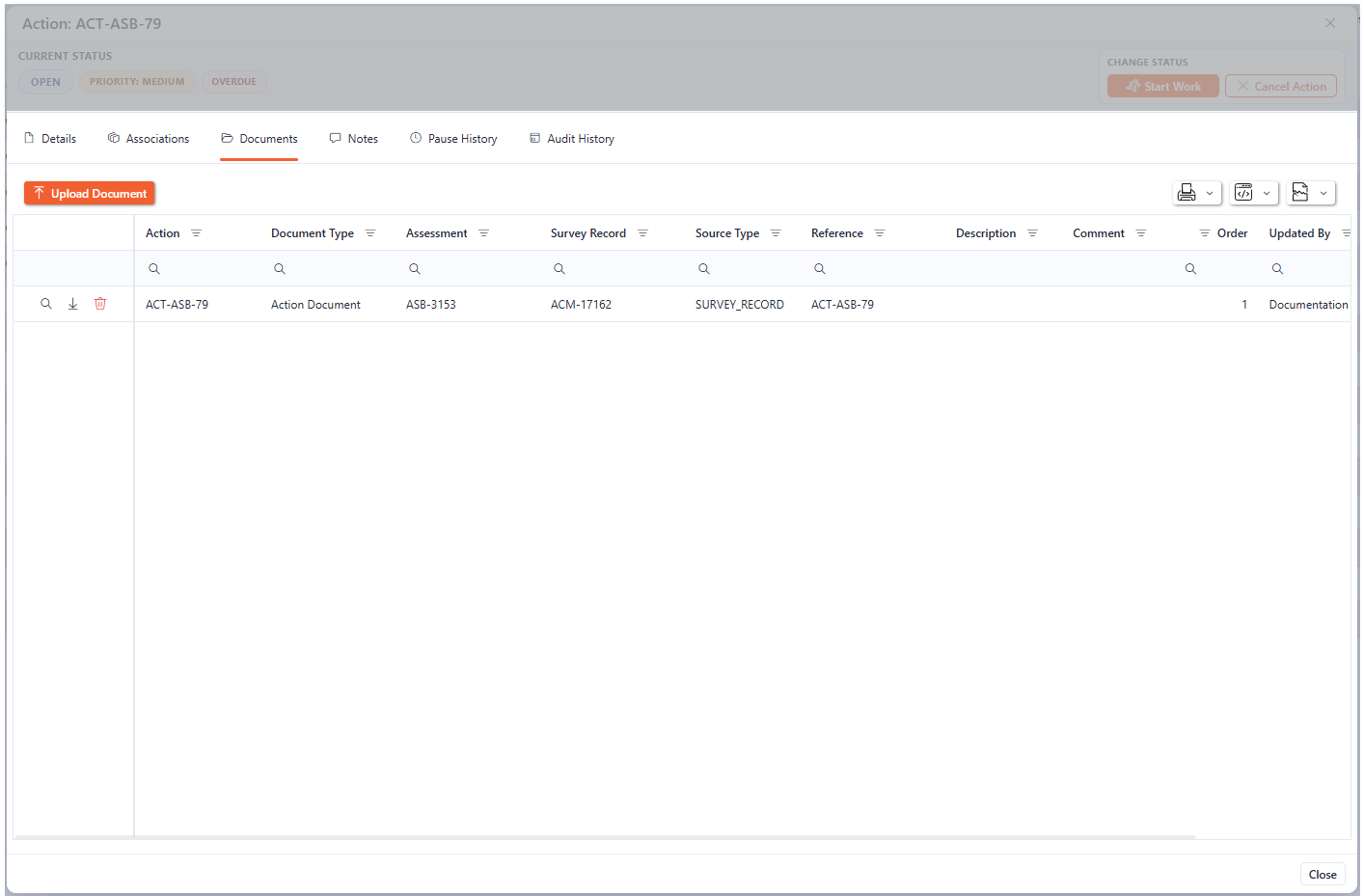 Documents tab of the Actions screen