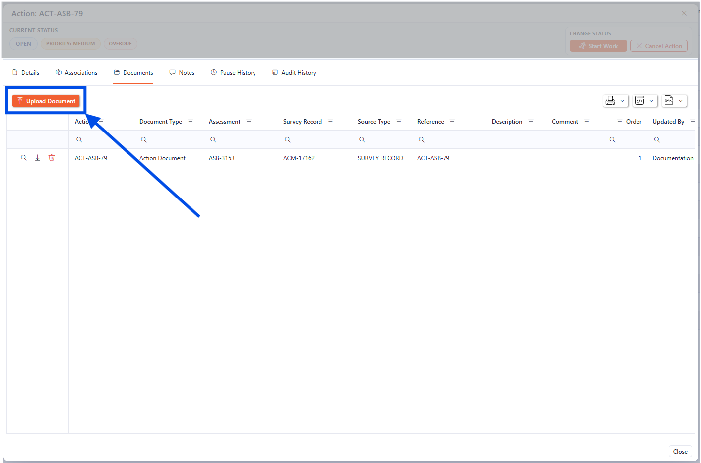 how to upload a document to the documents tab of the Action