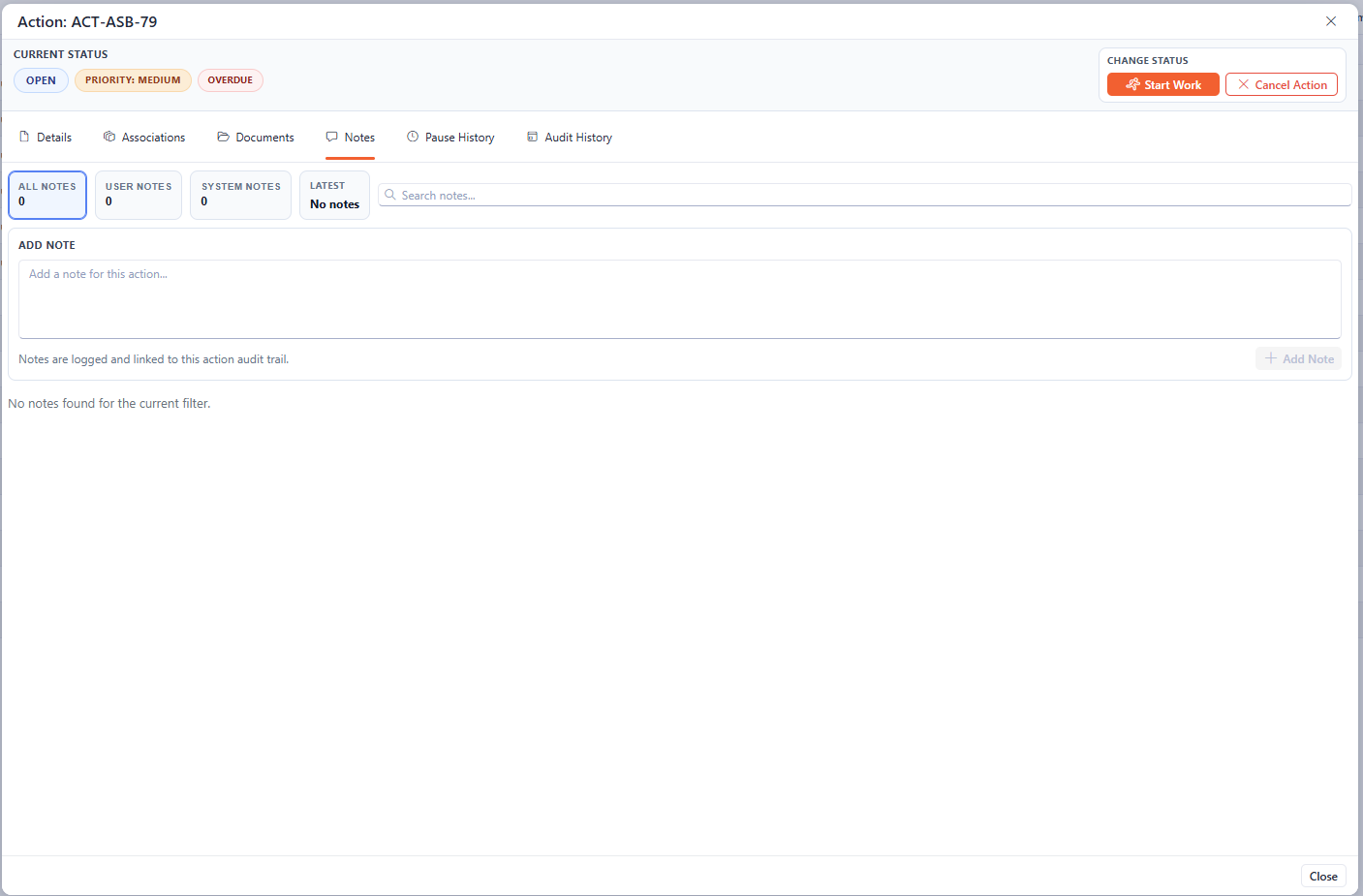 The Notes section of the Action Details