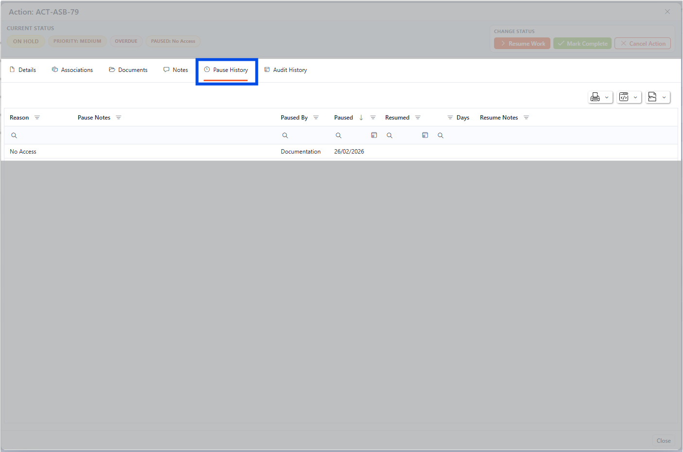 The Pause History section of the Action Details
