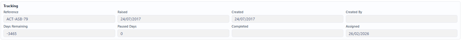 Tracking section of the Action Screen