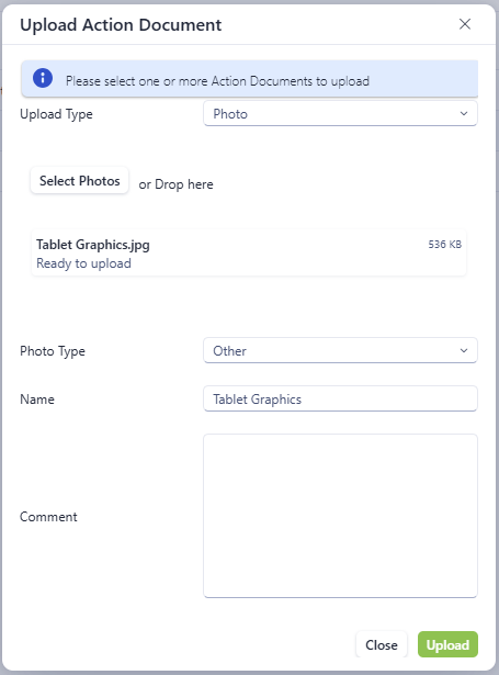 The upload document screen completed with file and information