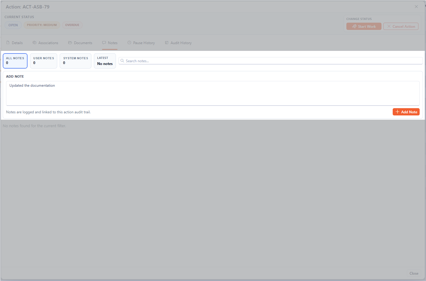 Adding a note to the Action details