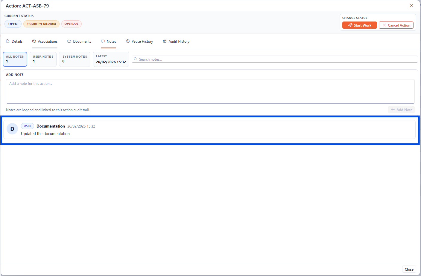 The Notes section of the Action Details showing an added note