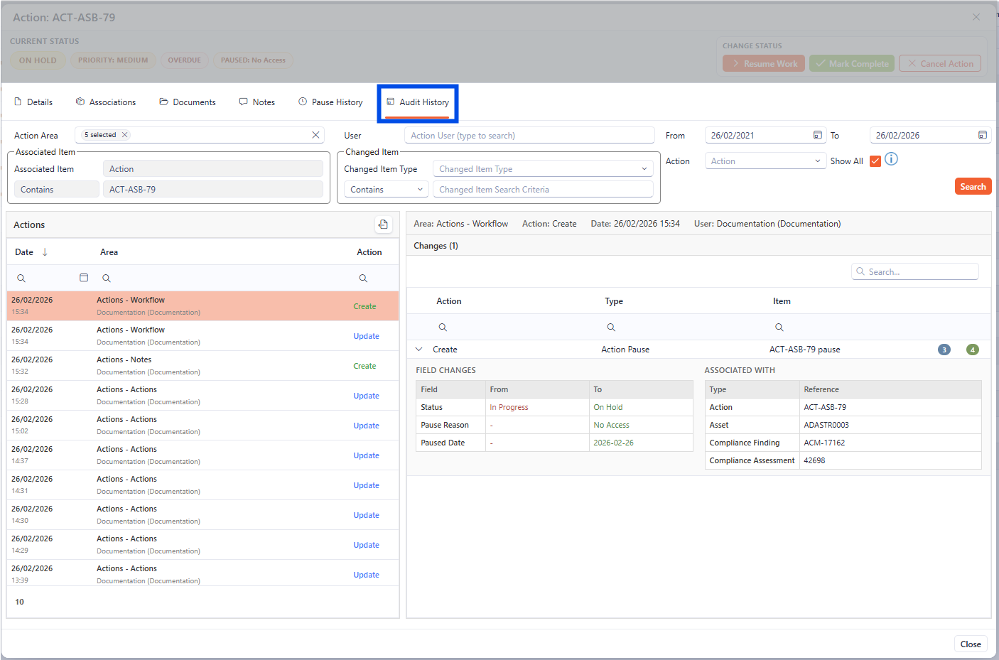 The Audit history section of the Action Details
