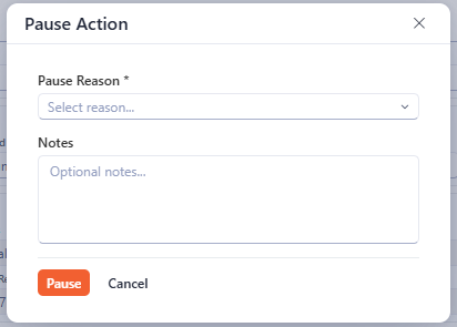 The pause Action reason pop-up